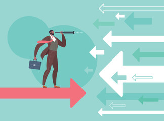 Searching for business opportunities, divergence strategy, think different or vision concept. Businessman is looking through monocular telescope and standing on flying arrow in green background.