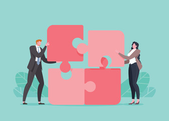 Teamwork, business management, project development, business cooperation or successful teamwork concept. Group of office workers or employees putting together puzzle pieces in green background.