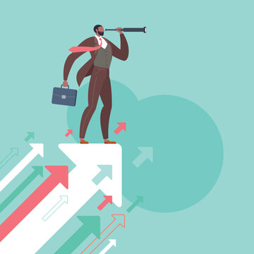 Searching for opportunities, business opportunity or vision concept. Businessman is looking through monocular telescope and standing on flying arrows in green background.