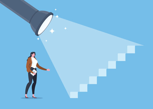 Live coaching, business consulting, HR management, career navigation or guideline to success concept. Businesswoman is looking forward at light beam on the stair step in blue background.