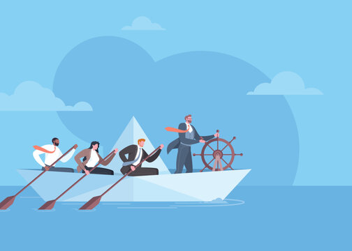 Execution to success, crisis management, problems solving, teamwork or leadership concept. Businessman is controlling the navigation of paper boat through the ocean with his team in blue background.