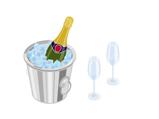 Closed bottle of champagne in a bucket with ice and two empty glasses