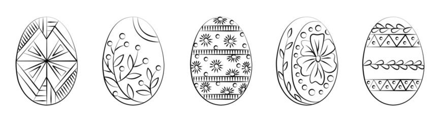 Easter eggs drawn in outline. Easter coloring book. Vector drawings of eggs with patterns. Can be used to create greeting banners, postcards, for advertising on the Internet or printing in the polygra