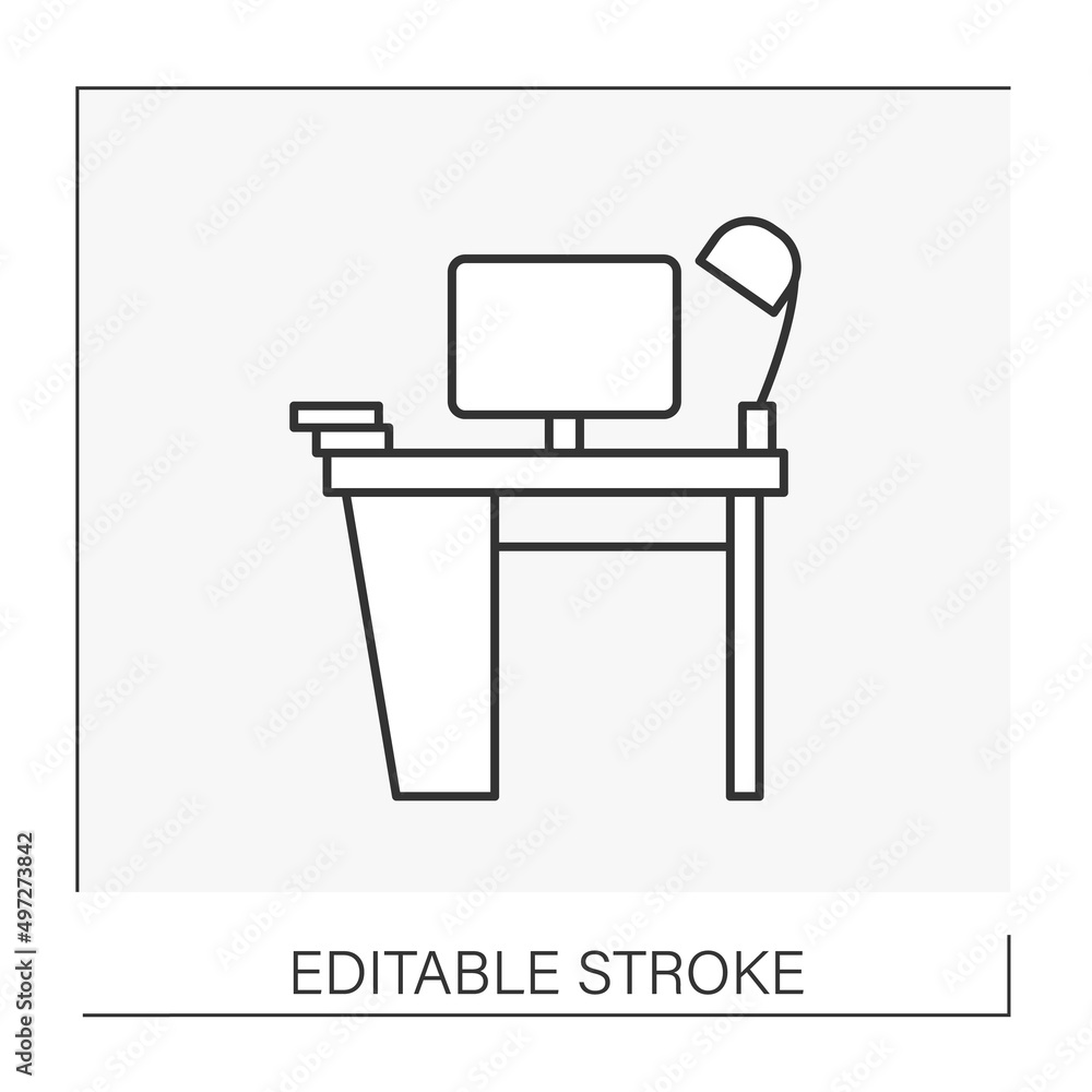 Poster business line icon. perfect workspace. desk with computer and lamp. comfortable place. startup conce