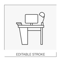  Business line icon. Perfect workspace. Desk with computer and lamp. Comfortable place. Startup concept. Isolated vector illustration. Editable stroke