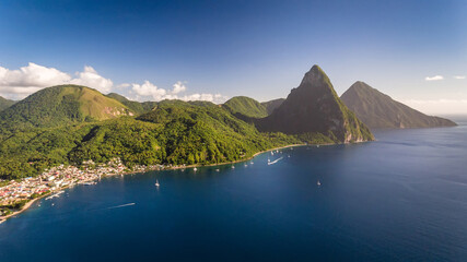 Aerial scenic view of the Gros Piton mountain peak in the Saint Lucia Island - obrazy, fototapety, plakaty