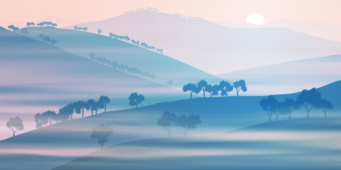 Fototapeta premium Hills and mountains covered with sparse forest. Dawn, the light of sunrise. Fog, morning haze.