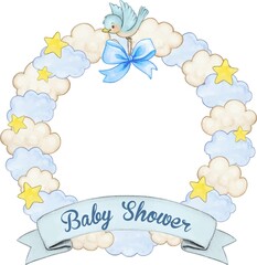 Watercolor baby wreath with bird, clouds and ribbon banner