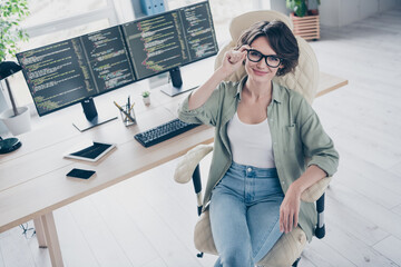 High angle view photo of confident successful web designer sitting chair hand touch spectacles...