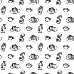 Vector hand drawn seamless pattern with different kitchen icons isolated on white background. Doodle cup, mug, chocolate, cake wrap in line art style for a cafe decor. Adult and kids coloring page