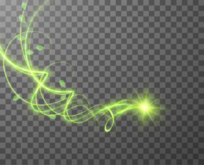 Green spiral spring wind effect with green star and leaves particles on checkered background. Vector eps10