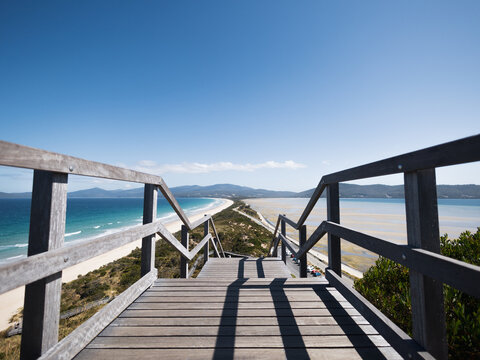 Wooden staircase at the Neck of Bruny island in Tasmania, Australia