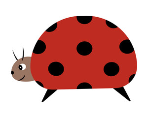 Ladybug. An insect with black spots on a red back. Color vector illustration. A cute creature with a mustache. Side view. Isolated background. Flat style. Idea for web design, invitations, postcards.