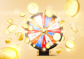 Vector illustration spinning fortune wheel on explosion of gold coins background.