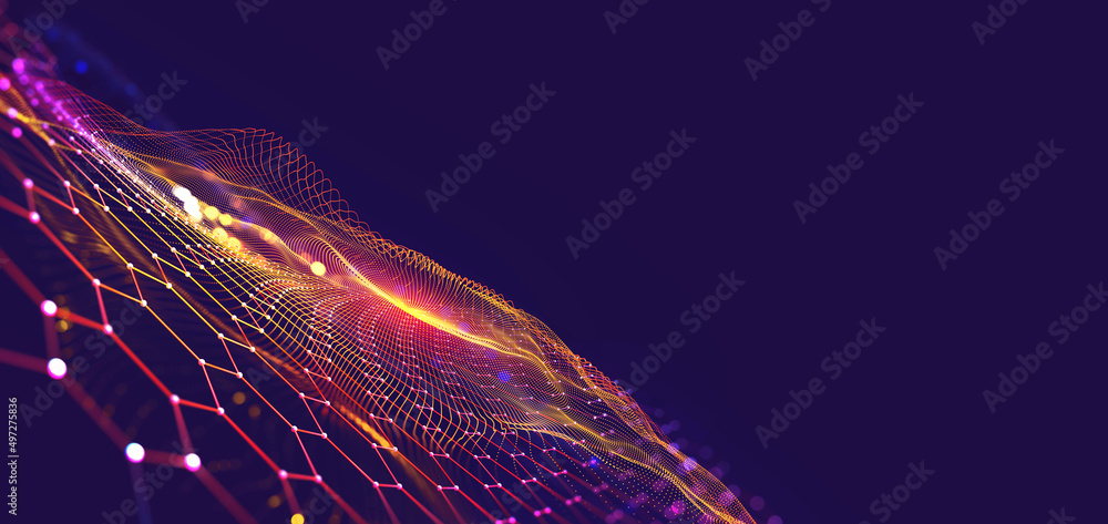 Leinwandbilder Neural network and cloud technologies. Global database and artificial intelligence. Big data concept. Bright, colorful 3D illustration of polygonal network, cybersecurity and internet busines