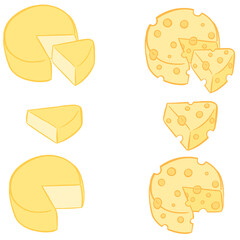Collection of different shaped cheeses like a slice a wedge and a wheel illustration vector