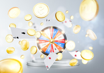 The Wheel of fortune, roulette, slot machine, illuminated by searchlights, on the podium surrounded by flying coins and playing card. Vector illustration