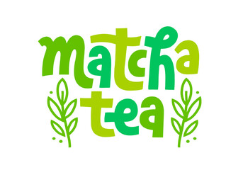 Matcha Logo design. Decoration with green leaves for tea product. Hand-drawn vector calligraphy. Asian japanese beverage. Green tea drink. lettering.