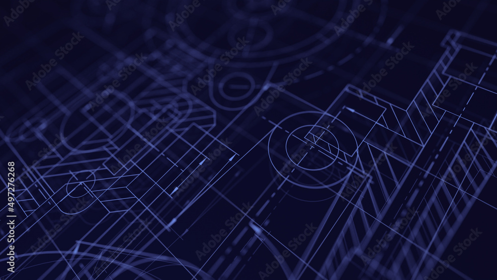 Aufkleber Blueprints engineer technician design drawing mechanical gear engineering Engine factory Industry Industrial technology project abstract presentation cover banner background. 3d rendering.
