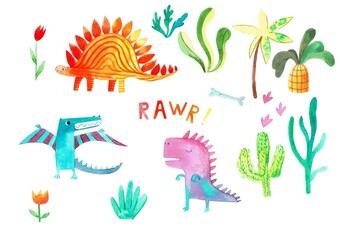 Set of watercolor dinosaurs on a white background