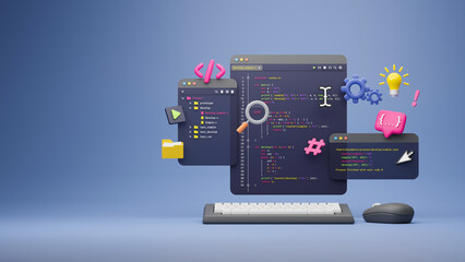 Programmer developer typing script source languages coding symbols  icon development project data programming software engineering IT technologies computer. 3d rendering. - obrazy, fototapety, plakaty