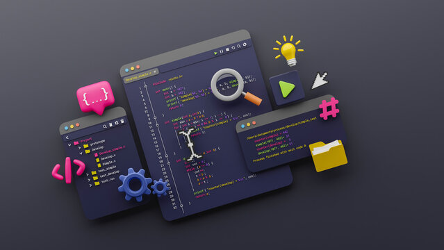 Programmer developer typing script source languages coding symbols  icon development project data programming software engineering IT technologies computer. 3d rendering.