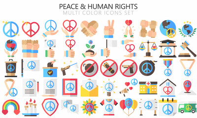 Peace and human rights multi color icon set. Included the icons as peace, activism, pacifism, freedom, hand shake and more. Used for web, UI, UX kit and applications, vector EPS 10 ready convert SVG.