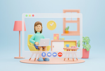 Work from home office quarantine. Freelancer character working business from home using remotely laptop computer video call online webcam conference meeting creative group. 3d rendering.