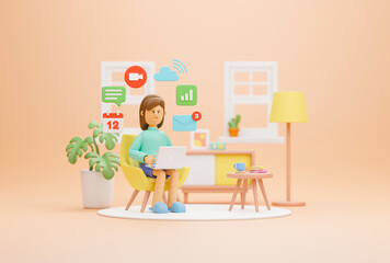 Work from home office quarantine. Freelancer character working business from home using remotely laptop computer video call online webcam conference meeting creative group. 3d rendering.