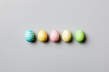 holiday preparation Multi colors Easter eggs on colored background . Pastel color Easter eggs. holiday concept with copy space