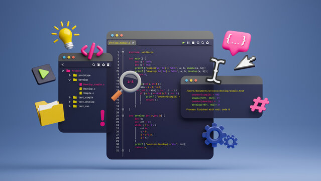 Programmer developer typing script source languages coding symbols  icon development project data programming software engineering IT technologies computer. 3d rendering.