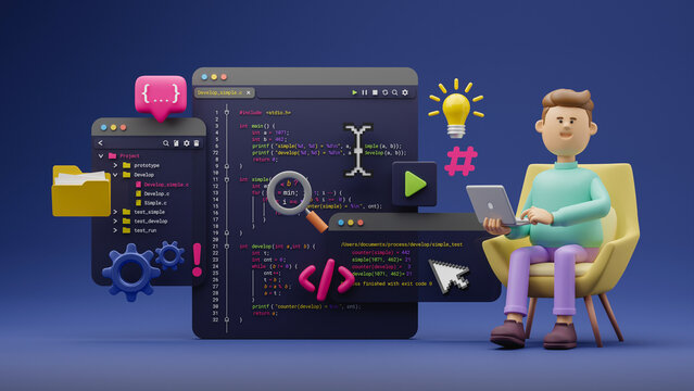 Programmer developer typing script source languages coding symbols  icon development project data programming software engineering IT technologies computer. 3d rendering.