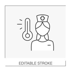  Nurse line icon. Nurse control body temperature in patients. Electronic thermometer concept. Isolated vector illustration. Editable stroke