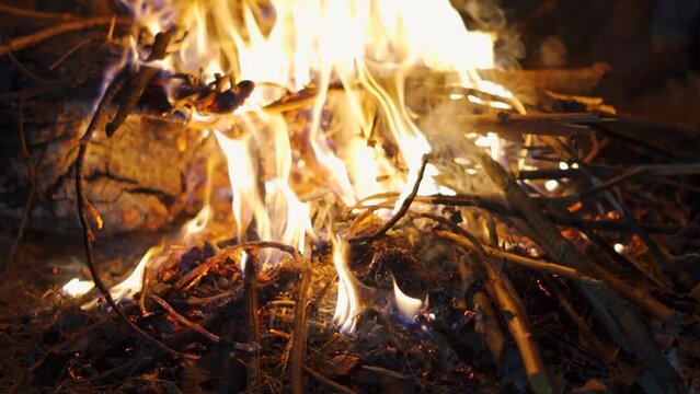 Slow motion shot of fire of bonfire at the night. Bonfire during the winter night to keep people warm at Manali in Himachal Pradesh, India. Bonfire made during the winter season to keep warm.	