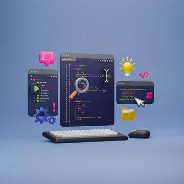 Programmer developer typing script source languages coding symbols  icon development project data programming software engineering IT technologies computer. 3d rendering.