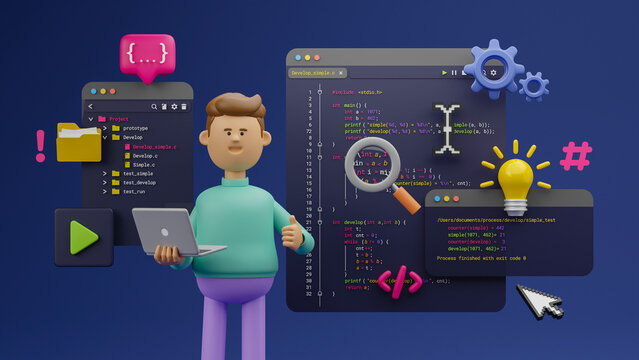 Programmer developer typing script source languages coding symbols  icon development project data programming software engineering IT technologies computer. 3d rendering.