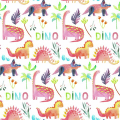 Fototapeta na wymiar Watercolor childish seamless pattern with dinosaurs and plants.
