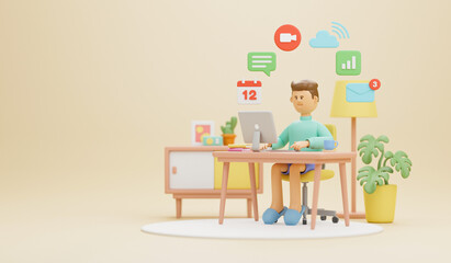 Work from home office quarantine. Freelancer character working business from home using remotely laptop computer video call online webcam conference meeting creative group. 3d rendering.