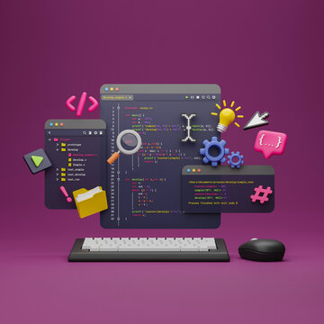 Programmer developer typing script source languages coding symbols  icon development project data programming software engineering IT technologies computer. 3d rendering.