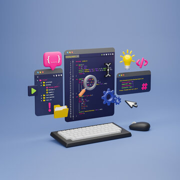 Programmer developer typing script source languages coding symbols  icon development project data programming software engineering IT technologies computer. 3d rendering.