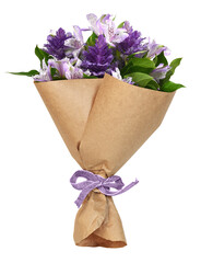 Bouquet of purple flowers in a craft paper wrapping cornet tied with canvas ribbon bow isolated