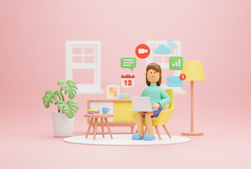 Work from home office quarantine. Freelancer character working business from home using remotely laptop computer video call online webcam conference meeting creative group. 3d rendering.