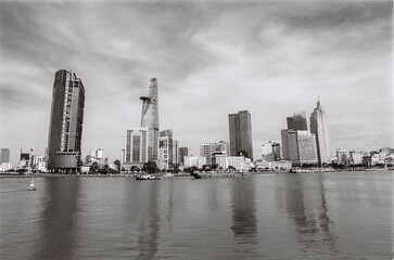 Black and white landscape photo film: Street life in Ho Chi Minh city. Time: April 01, 2022....