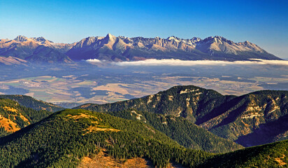 High Tatras mountains. View from hill CHopok in Low Tatras mountains, Slovakia