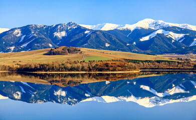 Reflection of snowy hills on water surface of lake