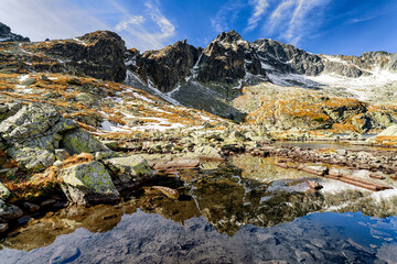 Reflection of peaks on lake in mountain. High Tatras mountains, Slovakia © Jaroslav Moravcik
