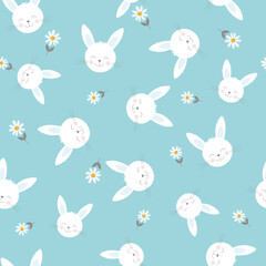 Cute rabbit heads with simple flowers on blue background. Seamless funny pattern