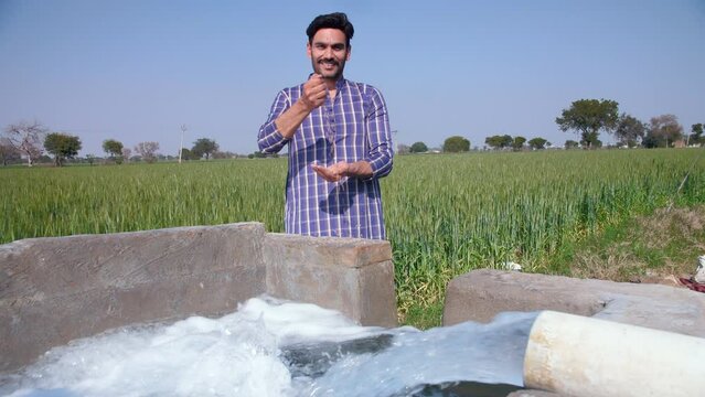 A happy bearded farmer with a handful of golden wheat grains near a tubewell - agricultural produce  wheat crop. A cheerful Indian villager in casual clothes posing for the camera while standing in...