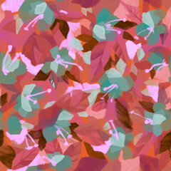 Abstract floral blurred pattern with fantasy exotic flowers and leaves