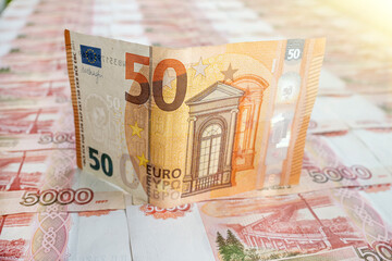 euro and rubles. The concept of currency exchange. Economic crisis, decline of the world economy....